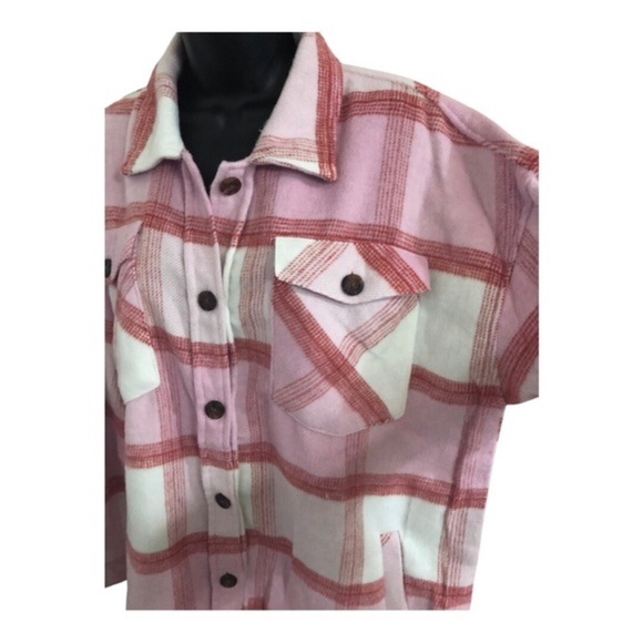 Kensie pink white colorblock plaid fleece flannel look button down shacket Large - Picture 4 of 16